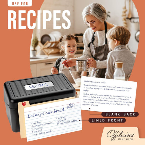Black Index Card Holder 4x6, Index Card Box with Dividers, Ruled Cards & Stickers, Recipe Card Organizer