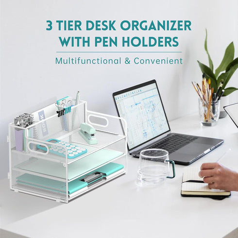 SUPEASY 3 Tier Desk Organizer - White Mesh Paper/File Organizer with Handle & 3 Pen Holders for Office Supplies