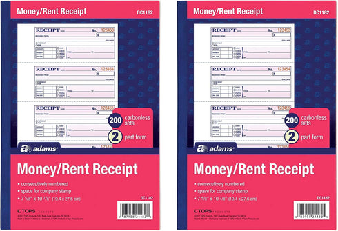 Adams Money and Rent Receipt Book, 2-Part, Carbonless, White/Canary, 7-5/8" x 10-7/8", Bound