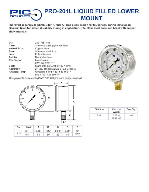 PIC Gauges PRO-201L-254H Industrial Pressure Gauge, Bottom Mount, 2.5" Dial, 0/300 psi Range, Glycerin Filled