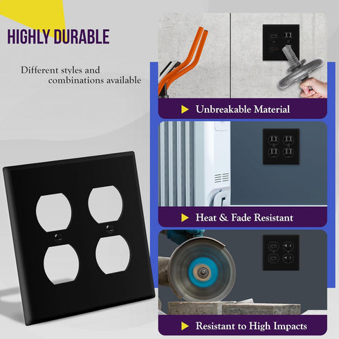 ENERLITES 8822-BK Double Duplex Wall Plate, 2-Gang Electrical Outlet Cover, Black, Unbreakable Polycarbonate