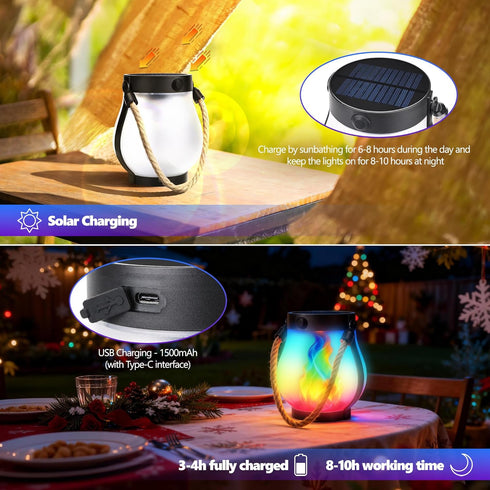 2 Pack 2 iBaycon Solar Lanterns Lights, Christmas Flickering Flame Garden Lights with Modes Dual Charging USB & Solar