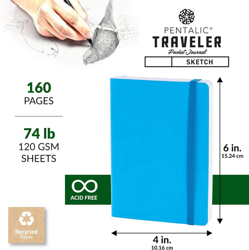 Pentalic 4" x 6" Pocket Sketchbook Traveler Journal, 160 Pages, Bright Blue