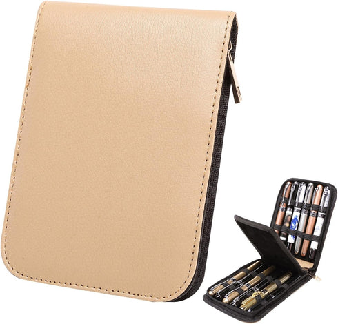 Fountain Roller Ball Pen Case Holder - PU Leather Bag for 12 Pens, Beige