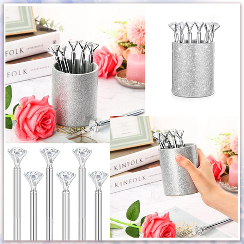 Pen Holder with 6 Pcs Bling Diamond Pens, Glitter Desk Organizer for Women Girls Classroom Offices