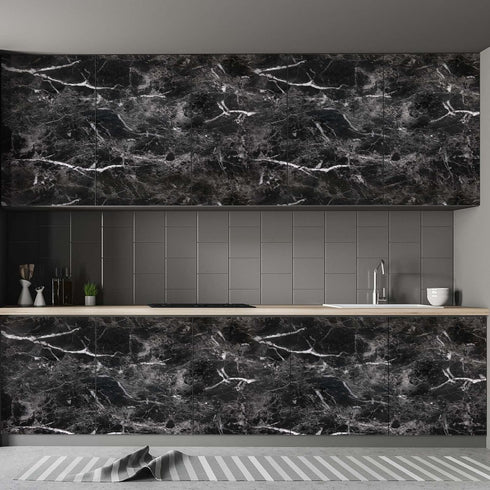 Black Marble Paper Peel and Stick Wallpaper 17.7" x 78.7" Self Adhesive Thickening for Kitchen Bathroom Furniture