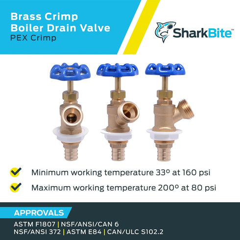 SharkBite 1000296461 25494Z Brass Crimp Boiler Drain Valve, 3/4 in. x 3/4