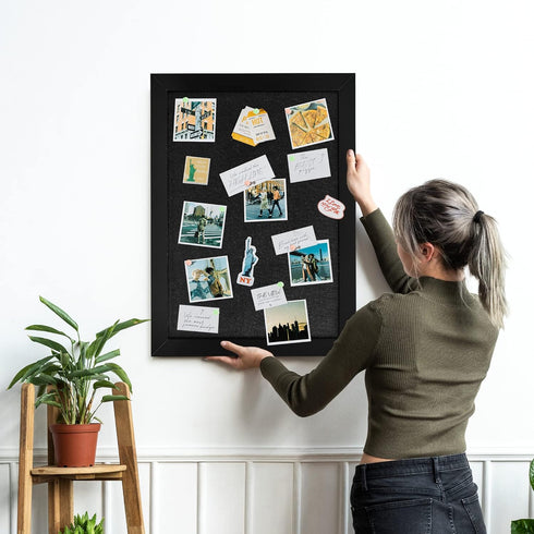 Board2by Black Cork Board Bulletin Board with Linen, Wood Framed 24" x 18" Corkboard, Wall Mounted Pin Board