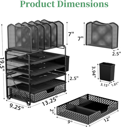Simple Trending 5 Tier Mesh Desk File Organizer with Sliding Drawer, Paper Letter Tray for Office Home, Black