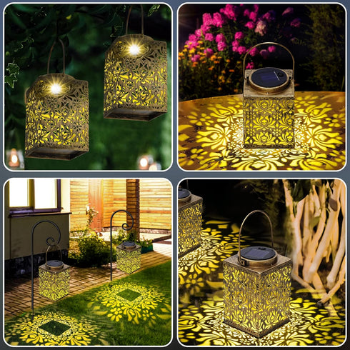 2 Pack Bronze Solar Lanterns - Waterproof Metal Hanging Solar Lights Outdoor Decorative, Solar Powered LED Lamp