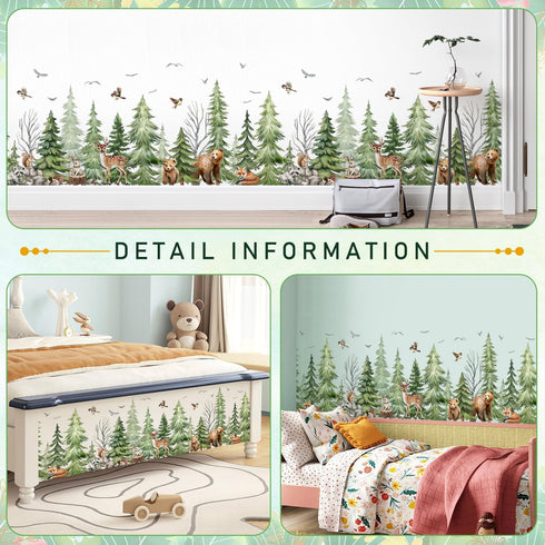 LiveGallery Removable Forest Tree Wall Decal, Woodland Wildlife Mural Wall Sticker, Peel and Stick Pine Tree Animals