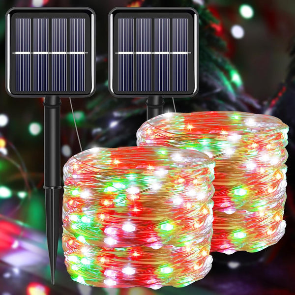 Solar Christmas String Lights Outdoor, Red White Green Fairy Lights, 200LED 66FT, Waterproof, 2PACK