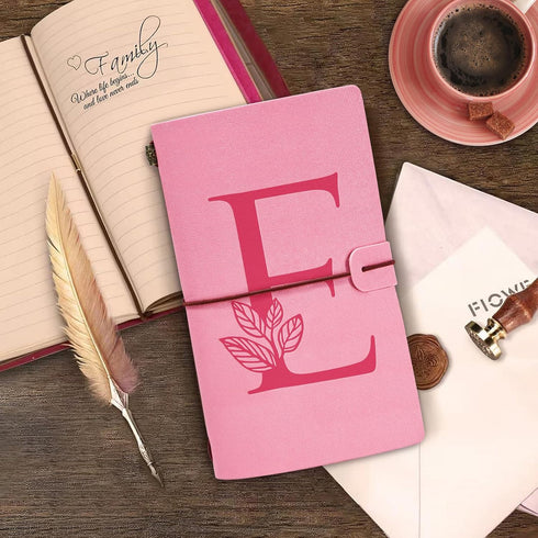 Personalized Journal Gift-Pink Initial Leather Journal+Heart Diamond Pen Set,Travel Notebook Diary Gifts,Refillable Notepads,Christmas,Birthday Gifts for Women Girls (7.9"x4.7") (E) by JEWPHX