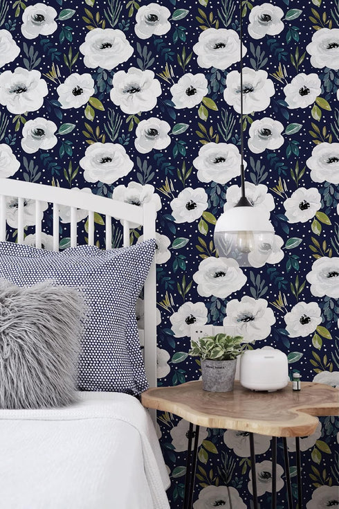 HAOKHOME 93245-3 Peel and Stick Floral Wallpaper 17.7in x 9.8ft Navy/White/Blue