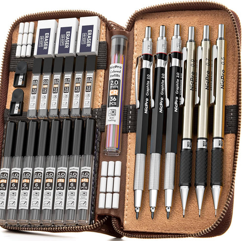 Nicpro 29PCS Art Mechanical Pencil Set in Leather Case, Metal Drafting Pencil with Lead Holders