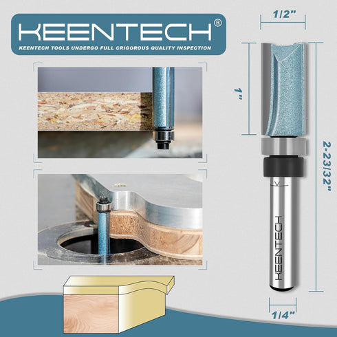 KEENTECH Router Bits 1/4" Shank, Flush Trim Router Bit, Top Bearing Carbide Tipped Pattern Bit, Template Straight Heavy Duty Woodworking Trimming Cutting Tool for Wood, 1/2" Diameter, 1" Depth