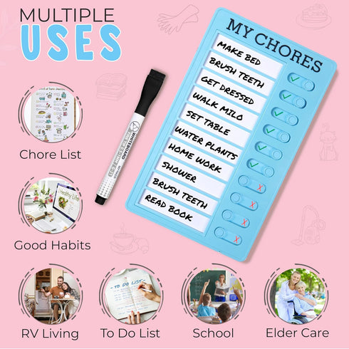 Dry Erase Chore Chart Set (2 Pcs) - Chore Chart for Kids & Adults (Blue & Pink)
