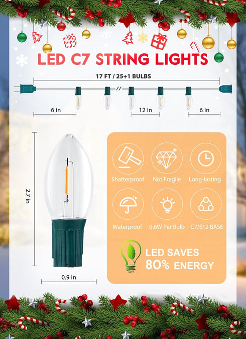 C7 25FT 26 0.6W Bulbs (1 Brightown Clear LED Christmas String Lights Outdoor, Connectable with Spare), Vintage Hanging