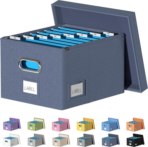 Collapsible File Organizer Storage Box for Office, Document Organizer with Lids, Easy Slide, Navy Blue