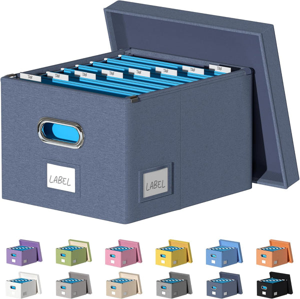 Collapsible File Organizer Storage Box for Office, Document Organizer with Lids, Easy Slide, Navy Blue
