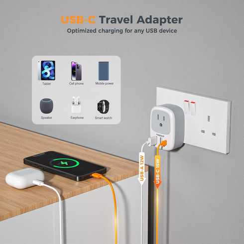 3 (1 UK Adapters for Travel, TESSAN US to UK Plug Adapter, Ireland Outlet Plug with USB Charger USB C Port), Type G