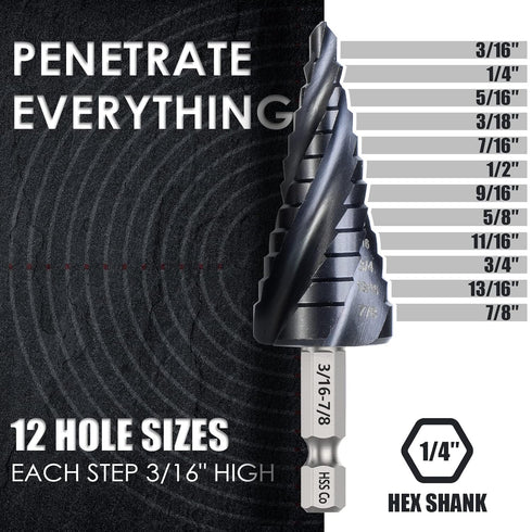 M35 Cobalt Step Drill Bit, Four Spiral Flute Unibit (3/16"-7/8"), Wear-Resistant TiAlN Coated, 1/4" Hex Shank