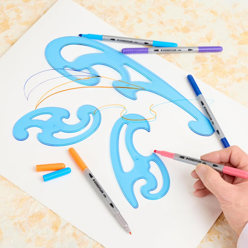 STAEDTLER Mars Professional French Curve Design Ruler Set, 3 Essential A B C Shapes, Blue Transparent Plastic