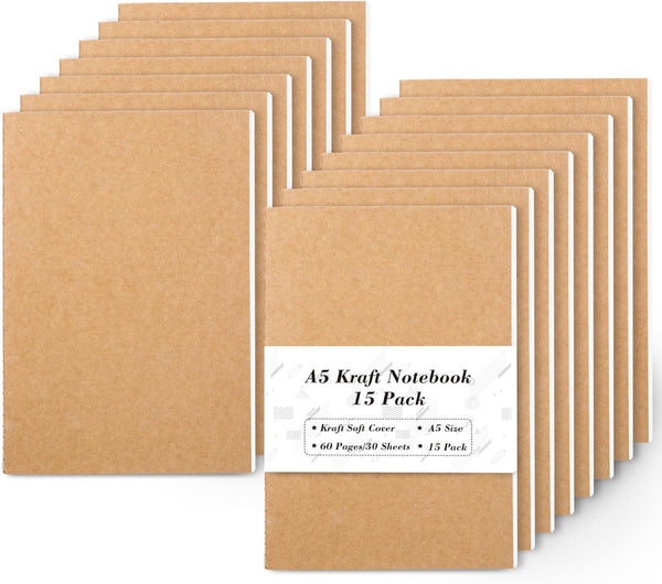 feela 15 Pack A5 Kraft Notebooks, 60 Lined Blank Pages, Soft Cover Travel Journal for Women Girls Students