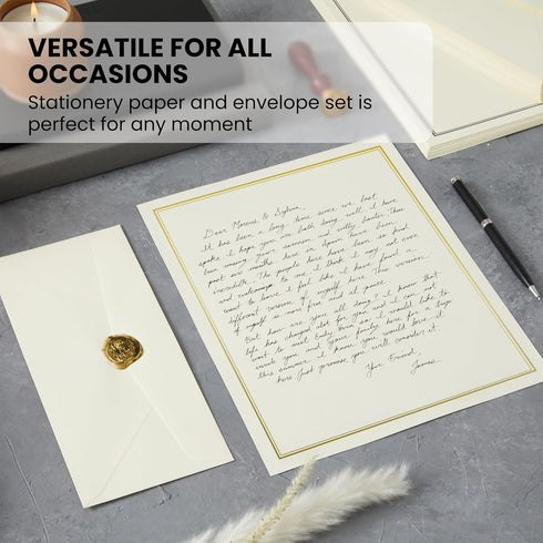Set 48 8.5x11 Inch 24 Premium Letter Writing Stationery with Envelopes Sheets of Ecru Paper with Gold Border & Writing