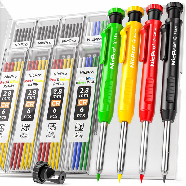 Nicpro 4 Pack Carpenter Pencils with Sharpener, Heavy Duty Mechanical Pencils with 52 Refills for Architects