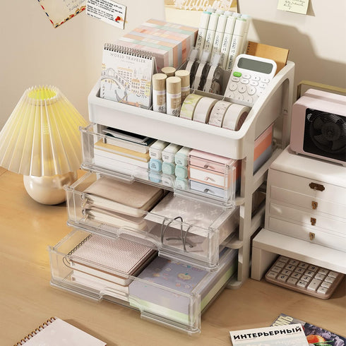 Desk Organizer with Drawers - 3 Drawer Clear Desktop Storage for Office Supplies, Makeup Organizers