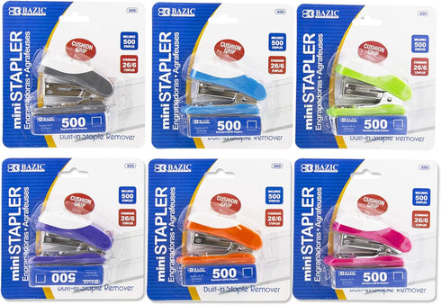 BAZIC Mini Stapler with 500 Staples, Built-in Staple Remover, Soft Grip, Portable Small Staplers for Home Office