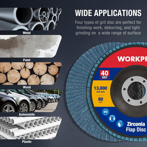 WORKPRO 10-Pack Flap Discs, 4-1/2-inch, T29 Zirconia Abrasive Grinding Wheel and Flap Sanding Disc