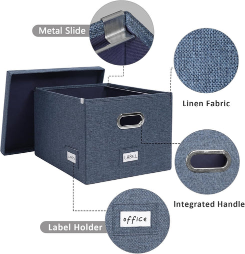 Collapsible File Organizer Storage Box for Office, Document Organizer with Lids, Easy Slide, Navy Blue