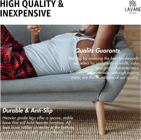 La Vane 4 inch Set 4 5/16 Inch Ash Wood Furniture Legs with Gold Caps, of Mid-Century Modern Tapered Varished Wooden