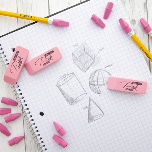 BAZIC Pink Erasers + Pencil Top Erasers Set (15/Pack), Block Erasers, Arrowhead Caps, Latex Free for Art