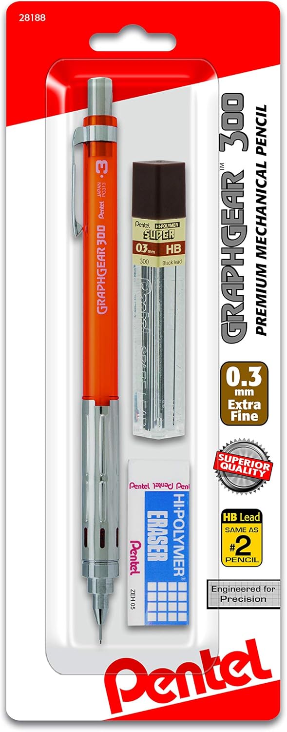 Pentel Arts GraphGear 300 Mechanical Pencil (0.3mm) Extra-fine Line, Orange Barrel with Small Block Eraser + 1 Lead Tube