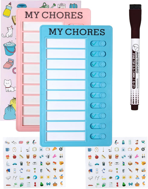 Dry Erase Chore Chart Set (2 Pcs) - Chore Chart for Kids & Adults (Blue & Pink)