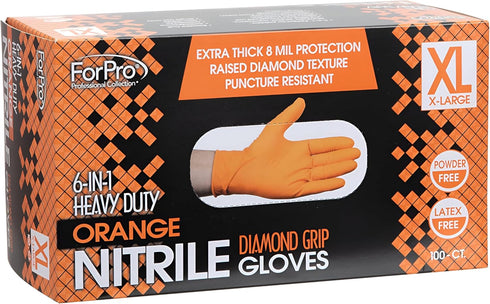 ForPro Heavy Duty Disposable Nitrile Gloves, Orange, 8 Mil, Industrial Grade, Raised Diamond Grip, Latex-Free, 100-Count
