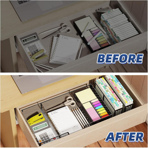 Simplie Desk Drawer Organizer Tray with 2 Pen Holders, Metal Mesh Dividers for Office, Makeup & Kitchen (Black)