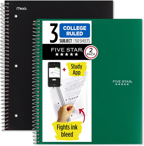 Five Star Spiral Notebooks + Study App - 2 Pack, 3 Subject, College Ruled Paper, 150 Sheets, Black, Green