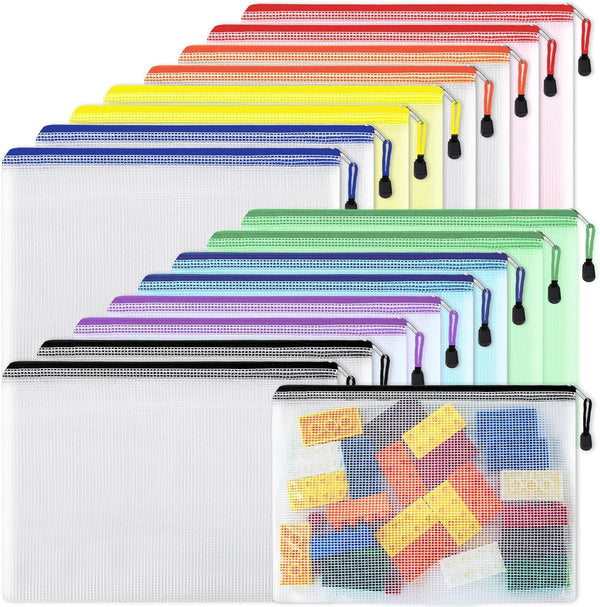 EOOUT 16pcs Mesh Zipper Pouch, Waterproof Zip File Bags for Organizing School and Office Supplies, A4 Size