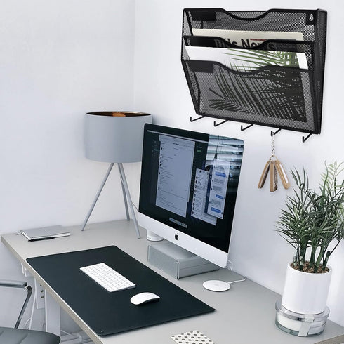 EASEPRES 3 Pocket Mesh Hanging File Organizer with Key Holder Hooks, Wall Mounted Mail Document Storage for Office