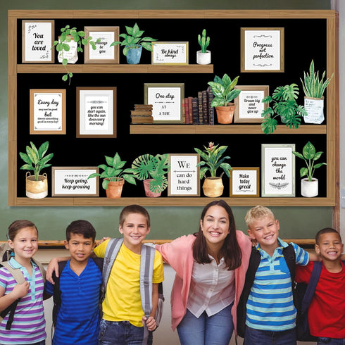 Set Bookshelf Bulletin Board Back to School Plant Motivational Classroom Decoration Reading Poster Potted Plant Back