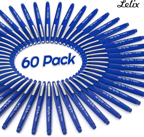 Lelix Felt Tip Pens, 60 Blue 0.7mm Medium Point Markers for Journaling, Writing, Note Taking, Art, Office, School