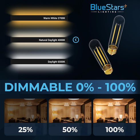 5in T10 Bulbs 6W T30 E26 4000K 60W DIMMABLE, 660 6 Packs BlueStars Tubular LED Light Medium Base, Natural Daylight