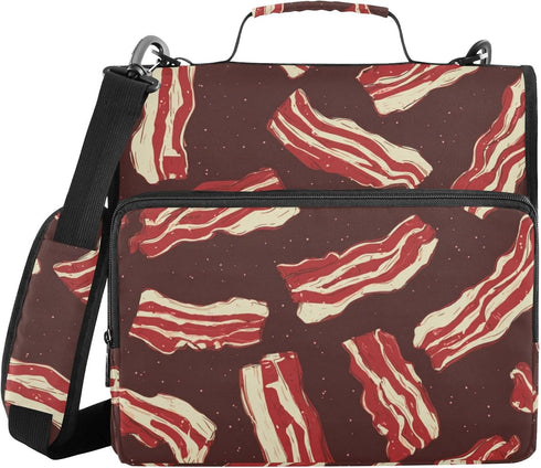 Fisyme Bacon Pattern Zipper Binder 3 Ring with Zipper and Shoulder Strap Large