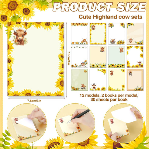 Janlaugh 24 Pads Highland Cow Sticky Notes, 1440 Sheets Self Stick Cute Cow Memo Pads, Office Supplies, Cow Party