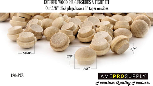 Maple Wood Plugs - 3/8 inch Mushroom Top Screw Hole Plugs (120 Pack)