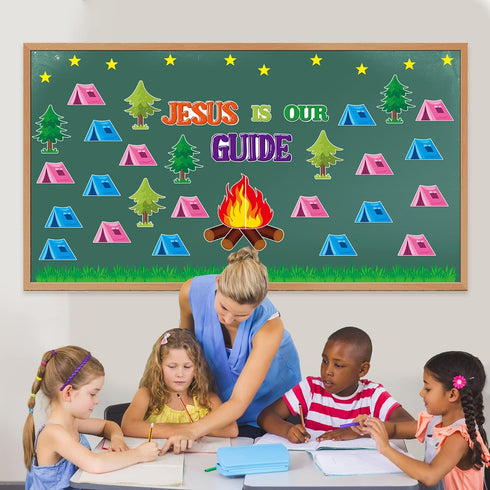 CY2SIDE 74PCS Jesus is Our Guide Cutouts - Bulletin Board Border Sets for Back to School Camping Theme